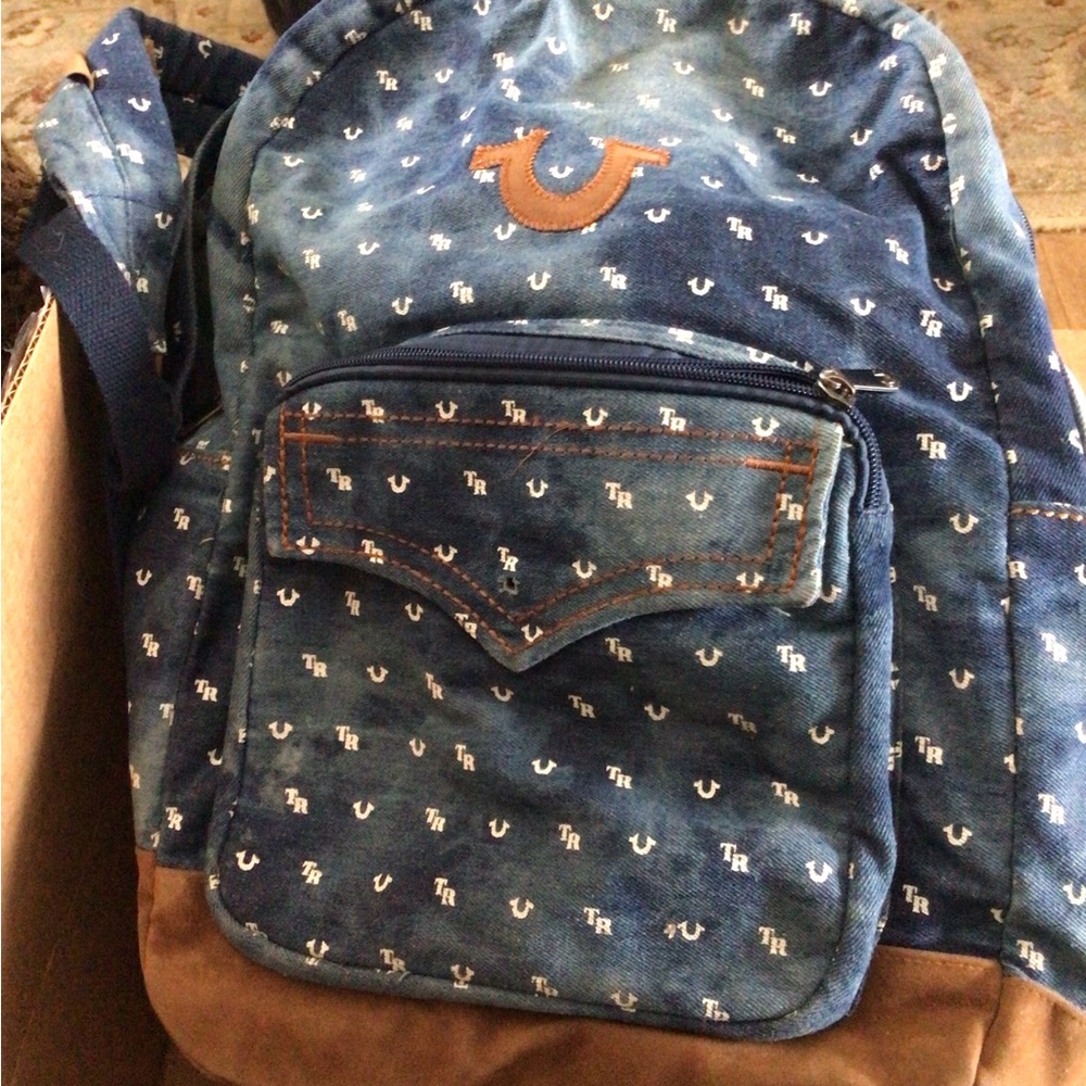 True Religion Indigo Denim Backpack with Brown Suede Accents